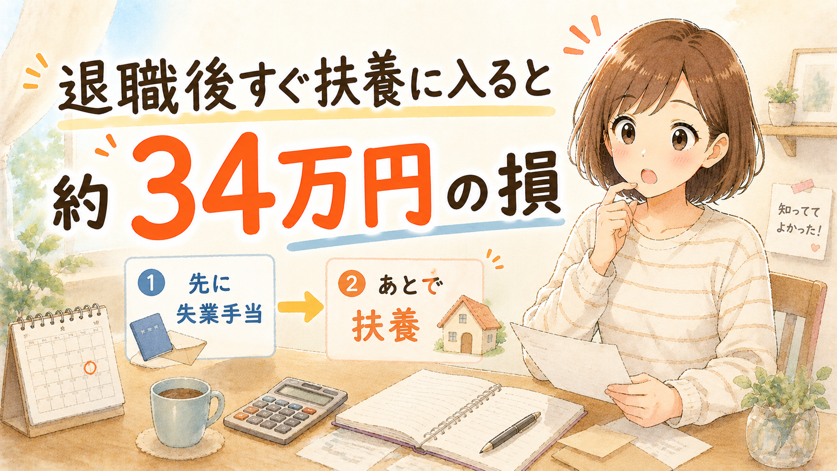 退職後すぐ扶養に入るより先に失業手当をもらう方が得だと説明するアイキャッチ画像